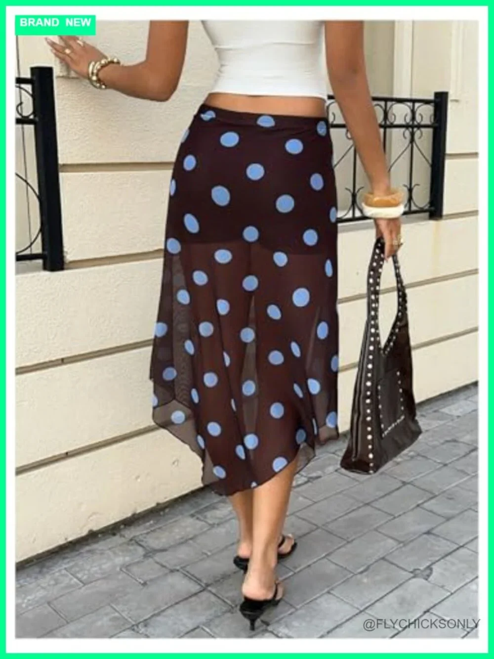 Polka Dot Mesh Midi Skirt Ruffle Flowy Sheer Women's